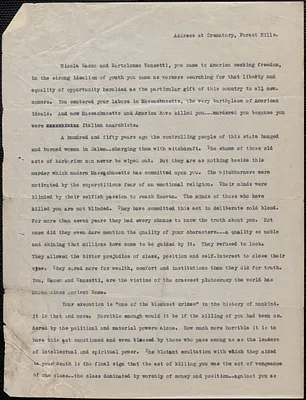 Sacco-Vanzetti Defense Committee typed document, Boston, Mass., August 28, 1927: Address at Crematory, Forest Hills