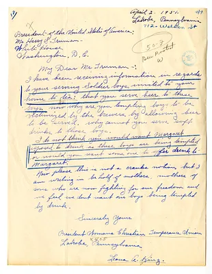Letter from Leona King to President Harry S. Truman