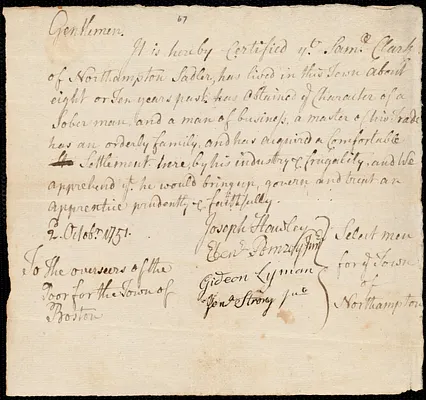 John Kelton indentured to apprentice with Samuel Clark of Northampton, 26 August 1751
