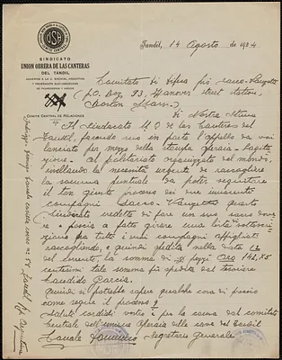 Domenico Canale (Sindicato Union Obera de Las Cateras) autograph letter signed, in Spanish, to Sacco-Vanzetti Defense Committee, Tandil, Argentina, August 14, 1924