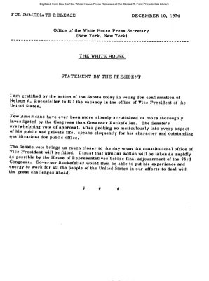 Senate Votes for Confirmation of Nelson A. Rockefeller to Fill the Vacancy in the Office of Vice President of the United States [Statement]