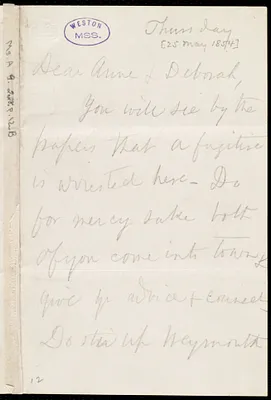 Letter from Ann Terry Greene Phillips, [Boston?, Mass.], to Anne Warren Weston and Debora Weston, Thursday, [May 25, 1854]