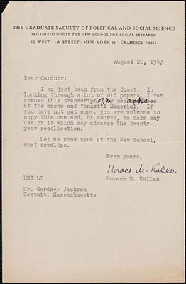 Horace M. Kallen typed note signed to Gardner Jackson, New York, N. Y., August 20, 1947