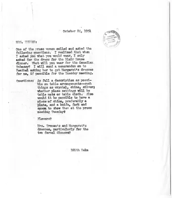 Memorandum from Edith Helm to First Lady Bess W. Truman