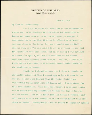 Fairbanks, Arthur, 1864-1944 typed letter signed to Hugo Münsterberg, Boston, 3 June 1908