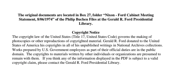 Nixon - Ford Cabinet Meeting Statement, 8/06/1974