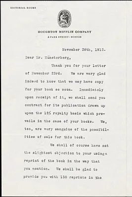 Greenslet, Ferris, 1875-1959 typed letter signed to Hugo Münsterberg, Boston, 26 November 1912