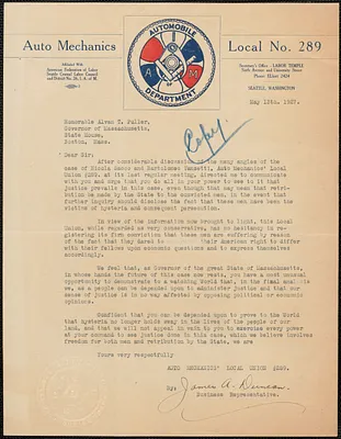 James A. Duncan (Auto Mechanics Local No. 289) typed letter signed (copy) to Alvan T. Fuller, Seattle, Wash., May 13, 1927
