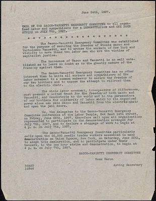 Rose Baron (Sacco-Vanzetti Emergency Committee) typed letter (circular), New York, N. Y., June 24, 1927
