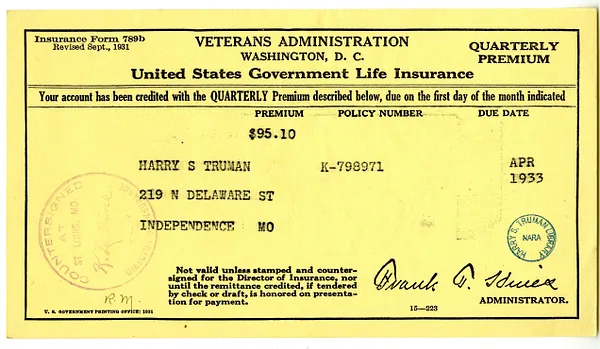 Insurance Premium Receipt for Harry S. Truman, United States Veterans Administration