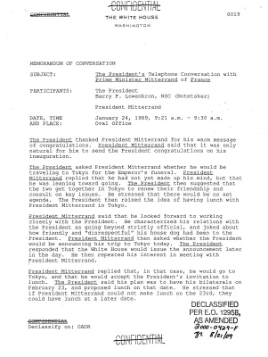 The President's Telephone Conversation with Prime Minister Mitterrand of France, January 24, 1989