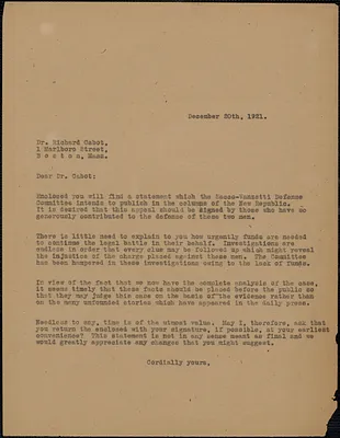Sacco-Vanzetti Defense Committee typed letter (copy) to Richard Cabot, Boston, Mass., December 20, 1921
