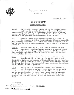 Memorandum, State Department Summary of Telegrams