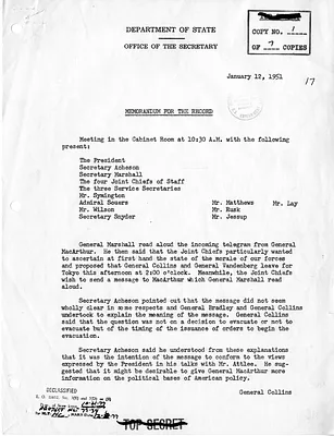 Memorandum of Conversation with Secretary of State Dean Acheson, President Harry S. Truman, Secretary of Defense George C. Marshall, the Joint Chiefs of Staff, and Others