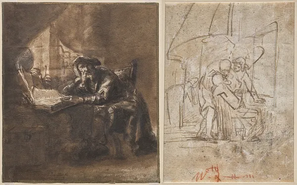 An Old Man Seated at a Table, His Head Resting on His Right Hand (recto); The Healing of Tobit (verso)