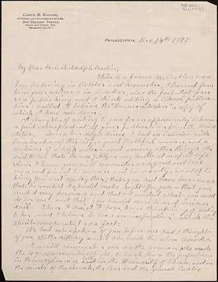 Carrie B. Kilgore autograph letter signed to [Victoria Woodhull Martin], Philadelphia, Pa., December 14, 1887