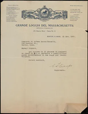 C. F. Ciampa (Ordine Figli D'Italia, Grande Loggia del Massachusetts) typed letter signed, in Italian, to Comitato di Difesa Sacco-Vanzetti, Boston, Mass., November 21, 1921
