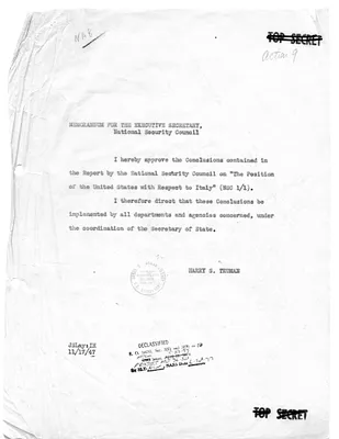 Correspondence Between President Harry S. Truman and James Lay, with Attached National Security Council Report, The Position of the United States with Respect to Italy