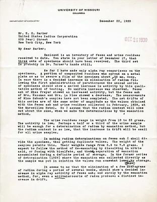 Letters Received to H.H. Barker, December 22, 1930