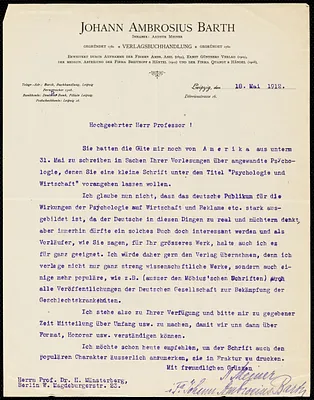 Meiner, Arthur, 1865-1952 typed letter signed to Hugo Münsterberg, Leipzig, Ger., 18 May 1912