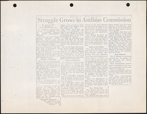 Photocopy of article “Struggle Grows in Antibias Commission” by Richard Neff, staff writer of The Christian Science Monitor