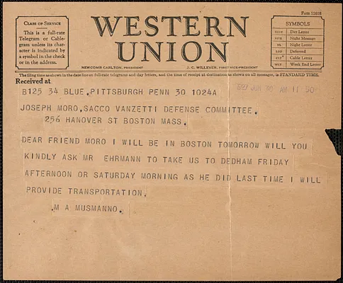 Michael A. Musmanno telegram to Sacco-Vanzetti Defense Committee; Pittsburgh, Pa., June 30, 1927