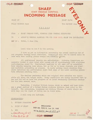 Cable from General Dwight D. Eisenhower to General George C. Marshall Regarding D-Day Landings
