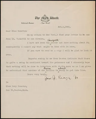John J. Leary, Jr. (The New York World) typed letter signed to Mary Donovan, New York, N.Y., November 6, 1926