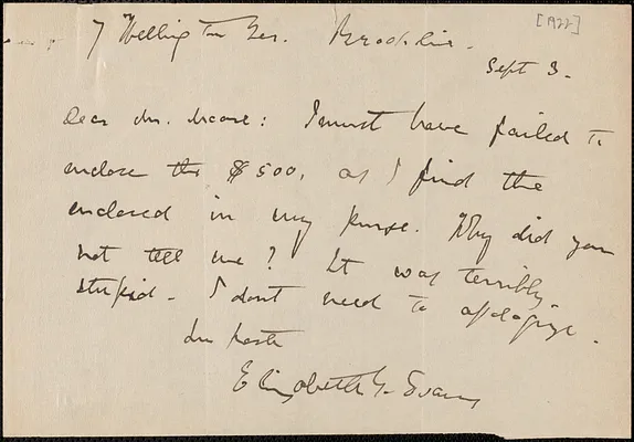 Elizabeth G[lendower] Evans autograph note signed to [Fred H.] Moore, Brookline, Mass., September 3, [1922]
