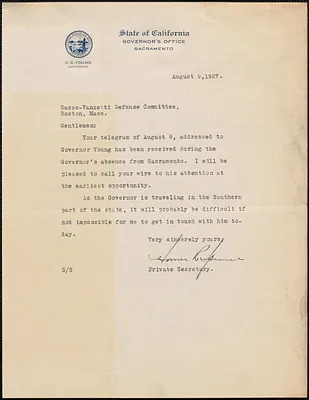 Homer R. Spence typed note signed to Sacco-Vanzetti Defense Committee, Sacramento, Calif., August 9, 1927