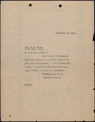 [Fred H. Moore] typed letter (copy) to E. G. Adams [Elizabeth Glendower Evans?, Boston, Mass.], September 19, 1921