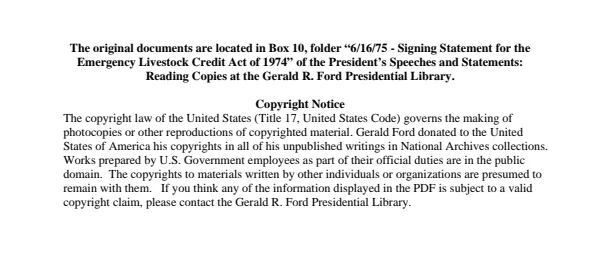 6/16/75 - Signing Statement for the Emergency Livestock Credit Act of 1974