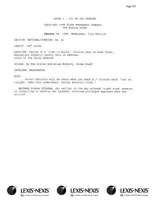 Lexis-Nexis Awareness Search Hillary Rodham Clinton,  February 4, 1998 [3] [loose]