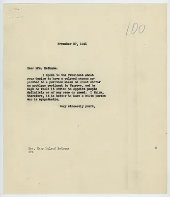 Letter, Eleanor Roosevelt to Mary McLeod Bethune
