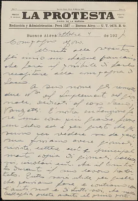 Carlo F. (La Protesta) autograph letter signed, in Spanish, to Joseph Moro, Buenos Aires, Argentina, October 4, 1927