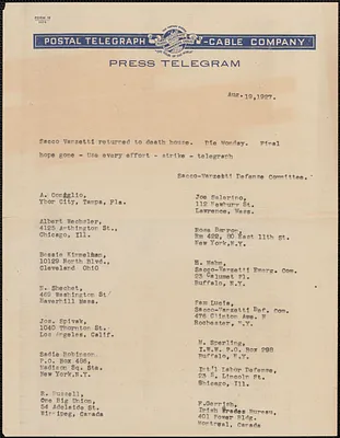Sacco-Vanzetti Defense Committee telegram (circular) to A. Coniglio and others, Boston, Mass., August 19, 1927