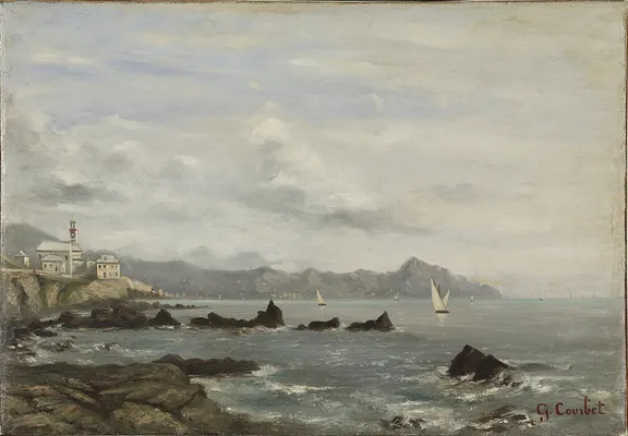 View of the Church of Boccadasse in Genoa and the promontory of Portofino