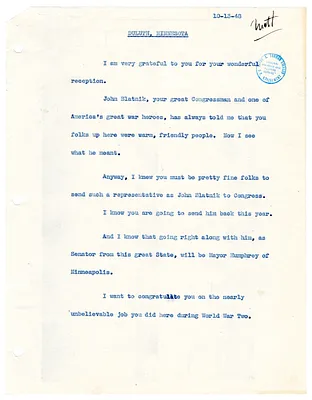 Reading Copy, Speech of President Harry S. Truman, Duluth, Minnesota