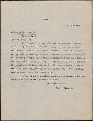 [William G.] Thompson typed letter (copy) to Albert H. Hamilton, [Boston, Mass.], May 20, 1925