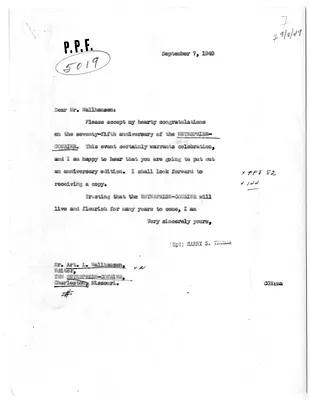 Correspondence Between President Harry S. Truman and Art Wallhausen, with Related Material