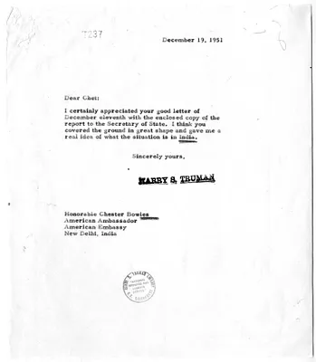 Correspondence Between President Harry S. Truman and Chester Bowles, with Attachment
