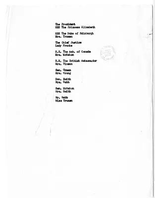 Precedence List for Dinner at the Blair House for Her Royal Highness Princess Elizabeth