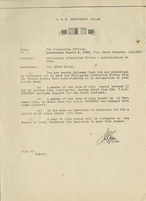 Memorandum to Lieutenant Gerald R. Ford Regarding Philippine Liberation Ribbon, Authorization to Wear