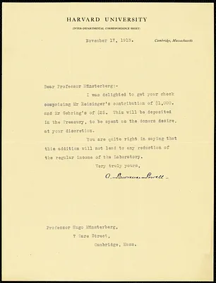 Lowell, A. Lawrence (Abbott Lawrence), 1856-1943 typed note signed to Hugo Münsterberg, Cambridge, Mass., 17 November 1913