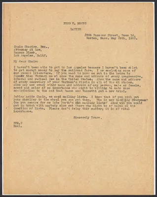 Sacco-Vanzetti Case Records, 1920-1928. Correspondence. Sacco-Vanzetti Defense Committee Correspondence to Chaim Shapiro, May 29, 1923. Box 41, Folder 36, Harvard Law School Library, Historical & Special Collections