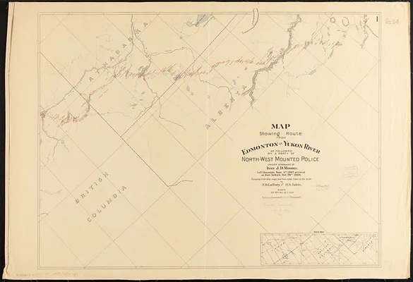 Map showing route from Edmonton to Yukon River as followed by a party of North-West Mounted Police under command of Insp. J.D. Moodie