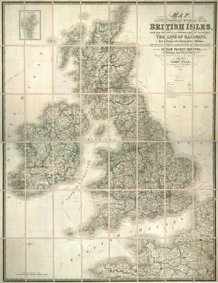 Map of the superficial geology of the British Isles with the physical and topographical features, the line of railways