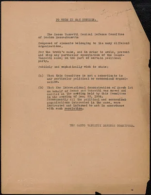 Sacco-Vanzetti Defense Committee typed letter (circular) to newspapers, Boston, Mass., [March 1925]