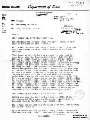 Telegram from Ambassador Henry Grady to Secretary of State Dean Acheson, Number 425