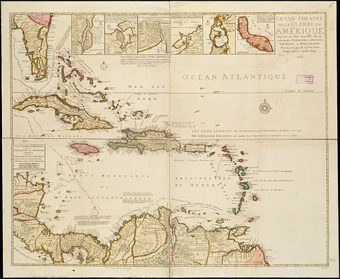Grand theatre de la guerre en Amerique suivant les plus nouvelles observations des Espagnols, Anglois, François & Hollandois